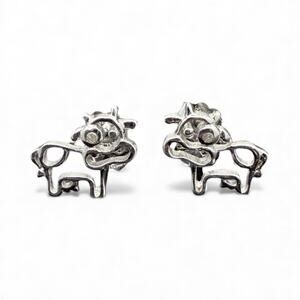 Diamond Cow Stud Earrings 925 Sterling Silver Farm Animal